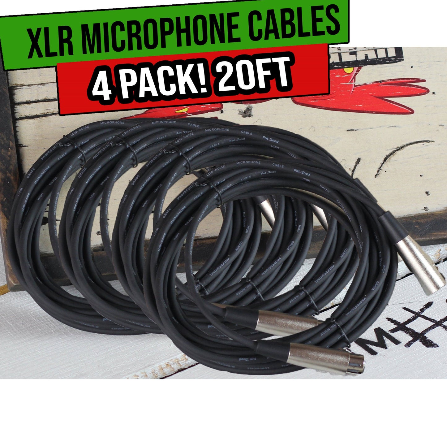 Microphone Cables by FAT TOAD - (4 Pack) 20ft Pro Audio XLR Mic Cord Patch Extension Wires
