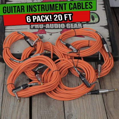 Guitar Cables (6 Pack) Right Angled Instrument Cord by FAT TOAD - 20FT 1/4 Quarter Inch Straight-End
