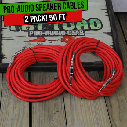 1/4" to 1/4 Male Jack Speaker Cables (2 Pack) by FAT TOAD - 50ft Professional Pro Audio Red DJ
