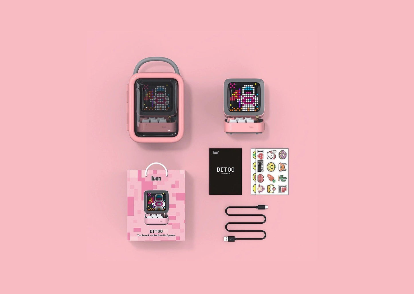 (20% OFF - BLACK FRIDAY) Divoom Ditoo Smart Retro Pixel-Art Bluetooth Portable Speaker/Alarm Clock (Pink)