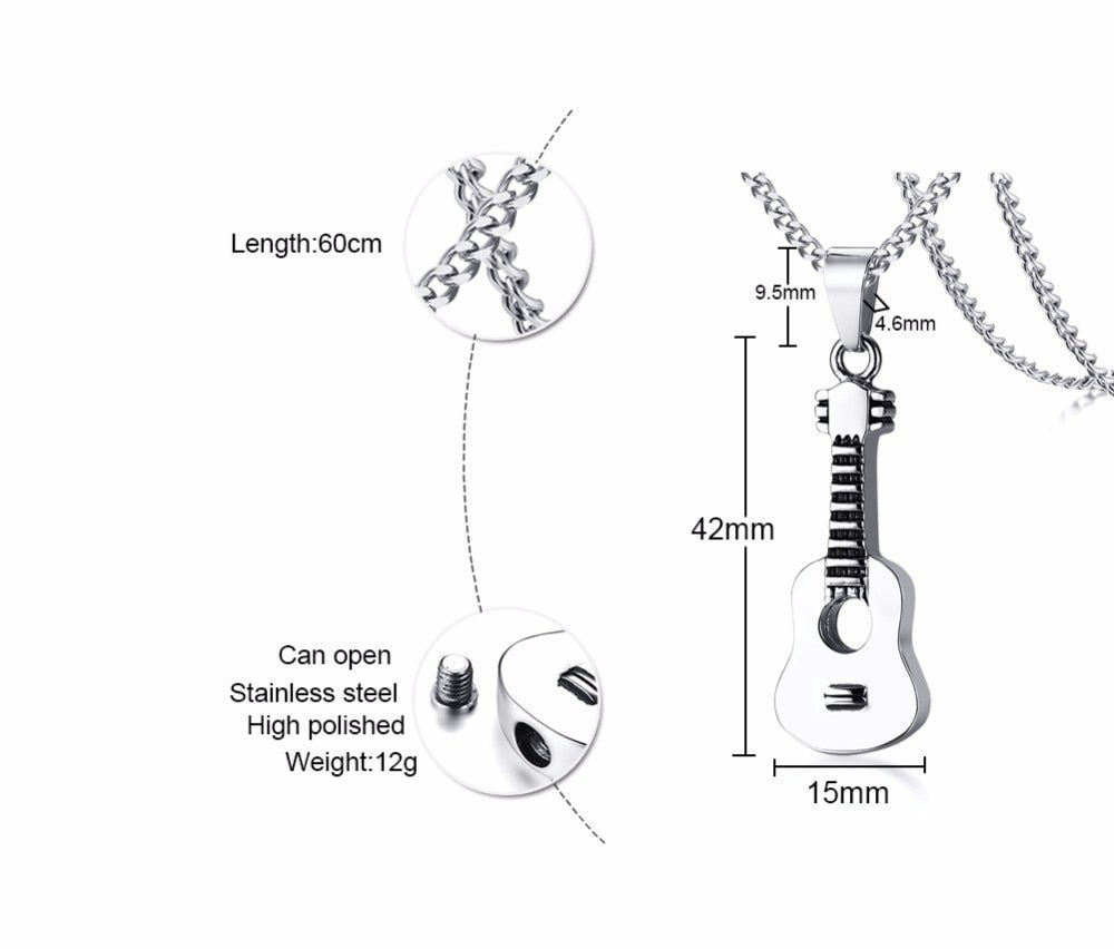 Tone Acoustic Guitar Pendant Necklace for Men Stainless Steel Ashes Memorial Unisex Jewelry 24 inch